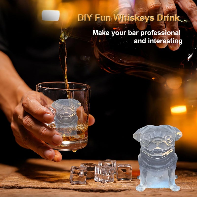 SIUPER 3D Pug Dog Ice Cube Silicone Molds Tray for Whiskey, Cocktail, Drink Decor, Bar; Rich Details. Fun Animal Shape Large Dogs Candle Epoxy Resign Mold; Pug Gifts for Women Kids Puppy Lover, 2 Pack - Image 3